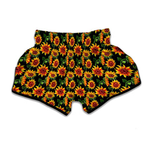 Black Autumn Sunflower Pattern Print Muay Thai Boxing Shorts