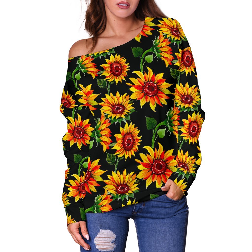 Black Autumn Sunflower Pattern Print Off Shoulder Sweatshirt GearFrost