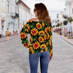 Black Autumn Sunflower Pattern Print Off Shoulder Sweatshirt GearFrost