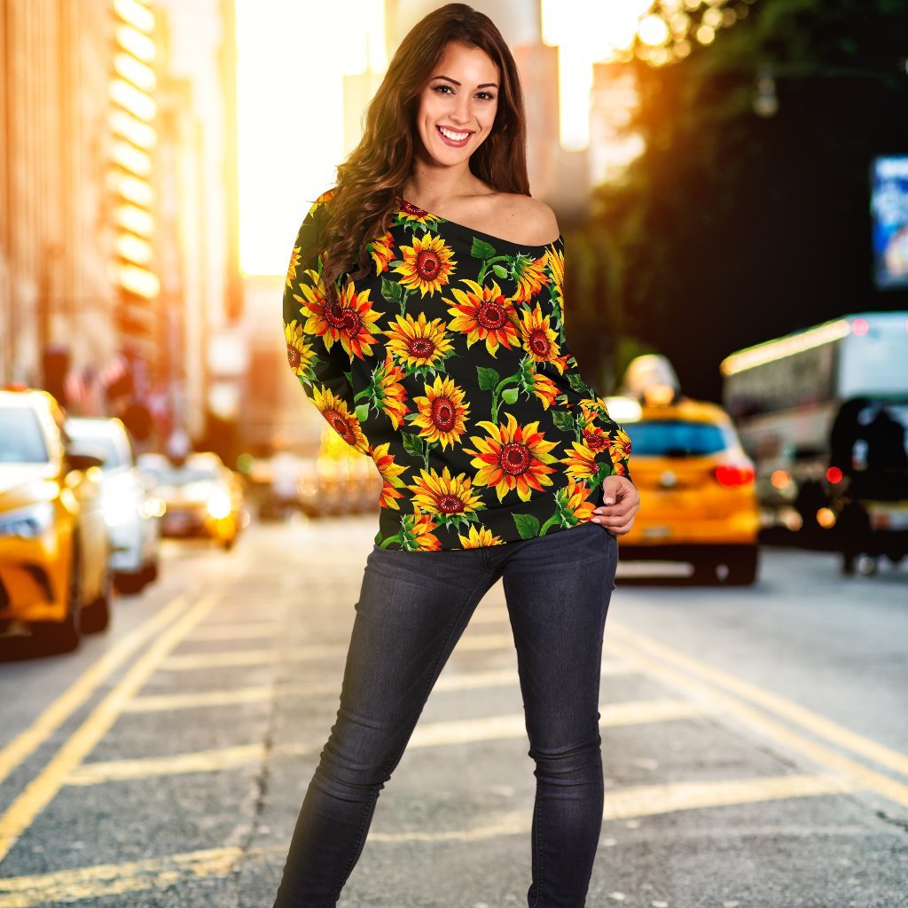 Black Autumn Sunflower Pattern Print Off Shoulder Sweatshirt GearFrost