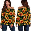 Black Autumn Sunflower Pattern Print Off Shoulder Sweatshirt GearFrost