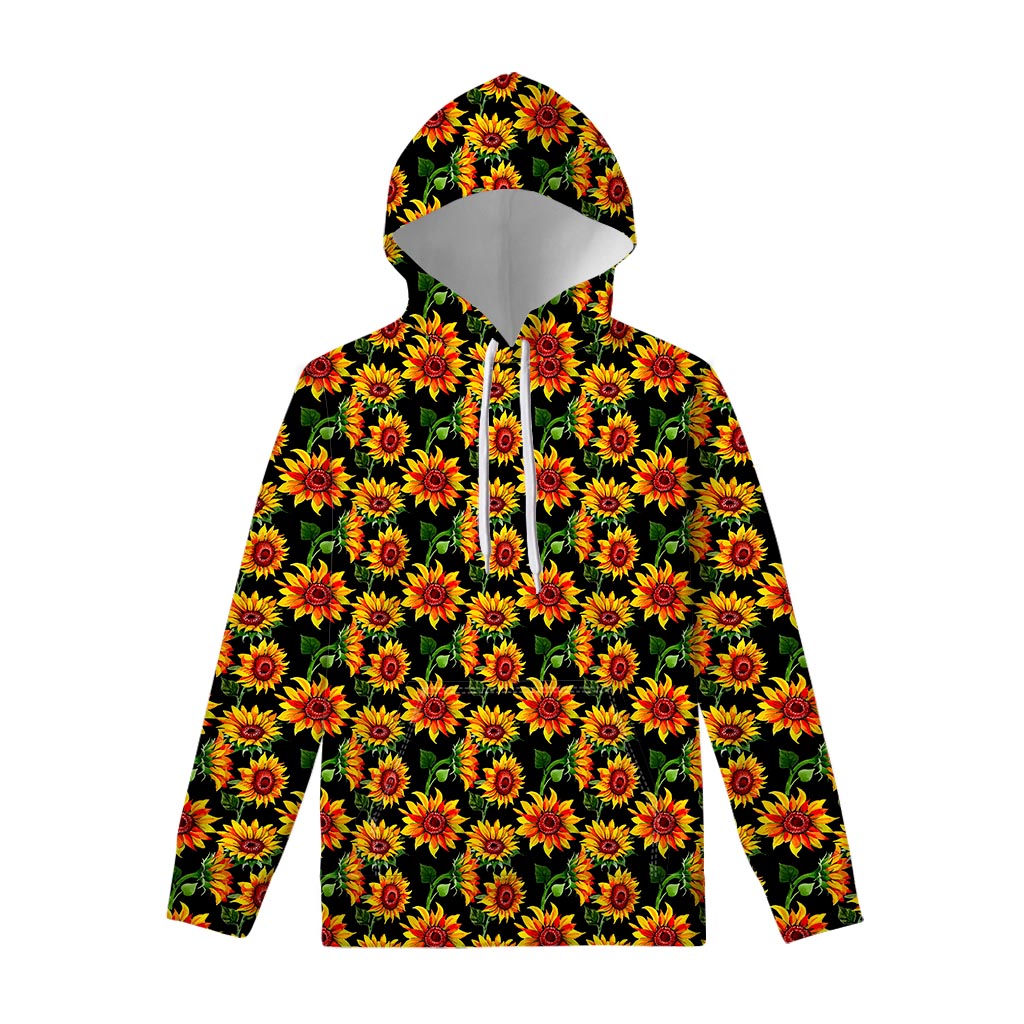 Black Autumn Sunflower Pattern Print Pullover Hoodie