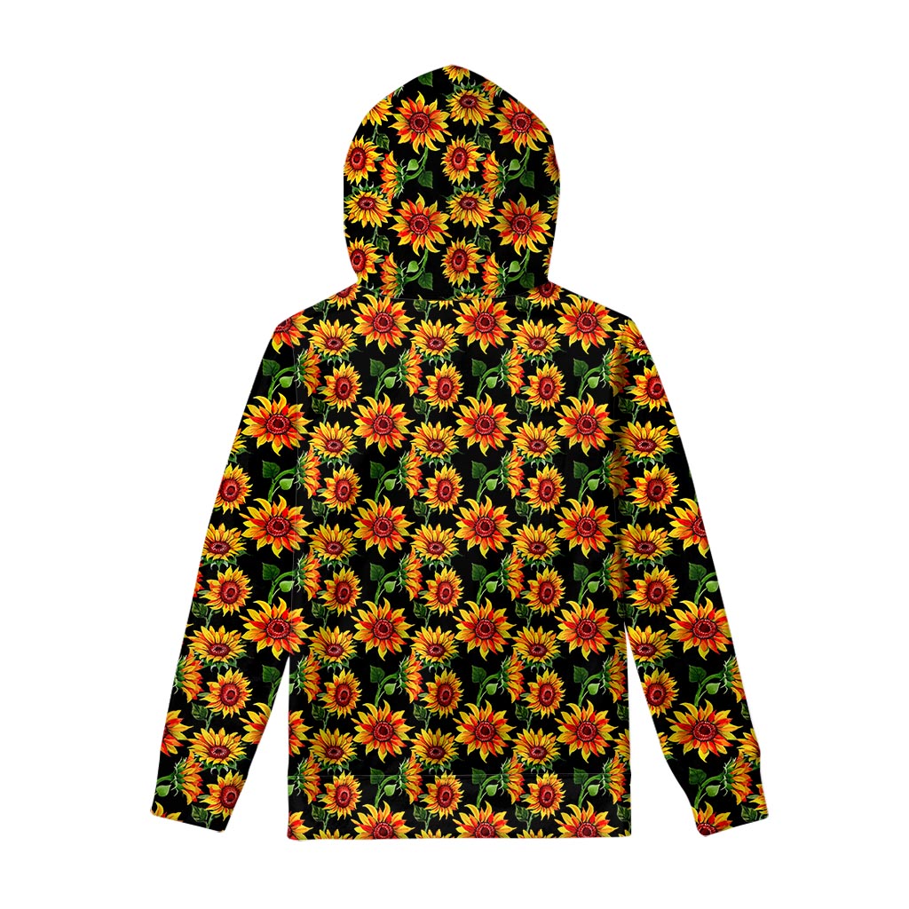 Black Autumn Sunflower Pattern Print Pullover Hoodie
