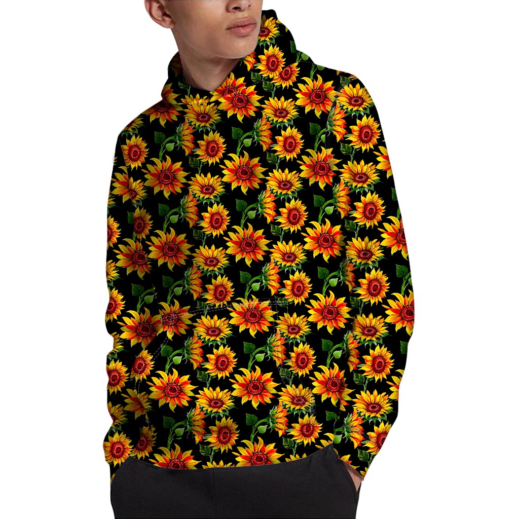 Black Autumn Sunflower Pattern Print Pullover Hoodie