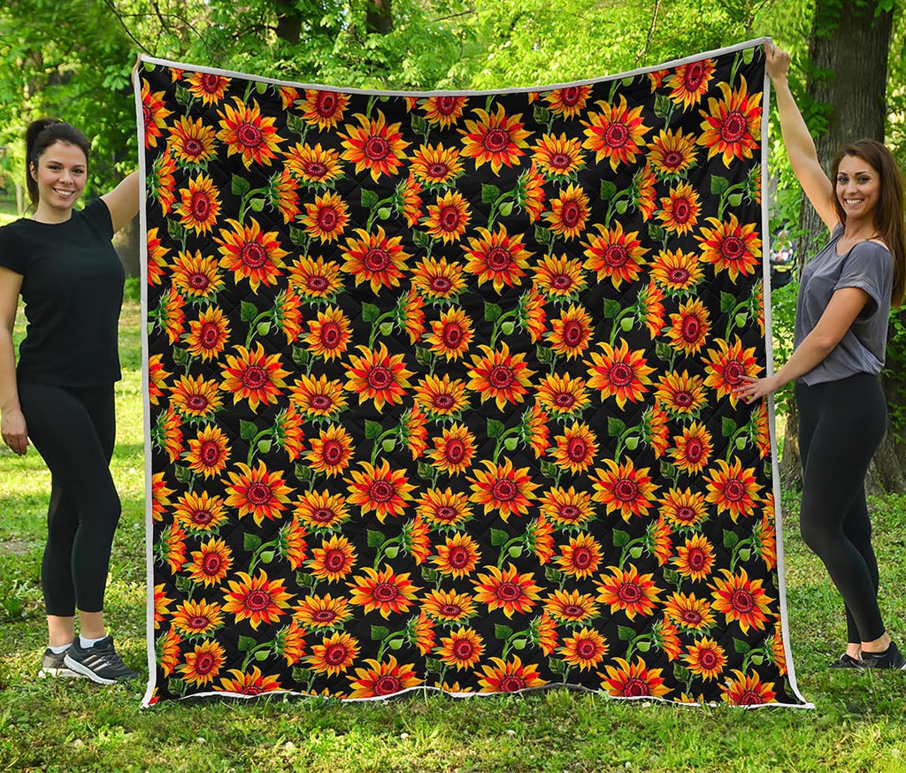 Black Autumn Sunflower Pattern Print Quilt