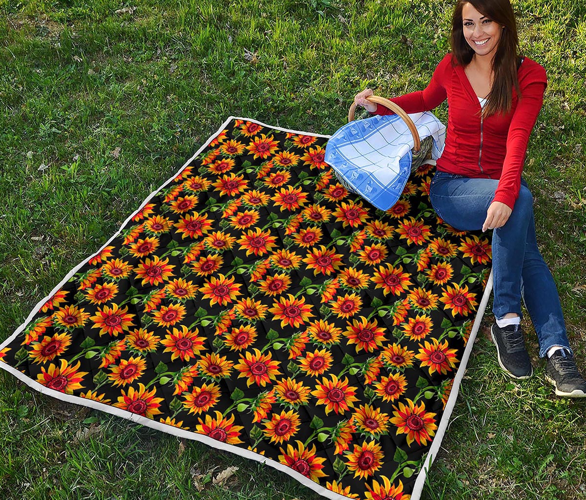 Black Autumn Sunflower Pattern Print Quilt