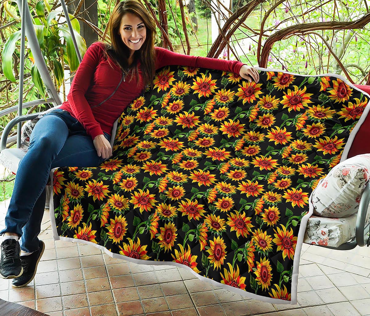 Black Autumn Sunflower Pattern Print Quilt