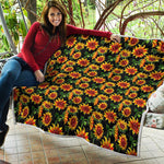 Black Autumn Sunflower Pattern Print Quilt