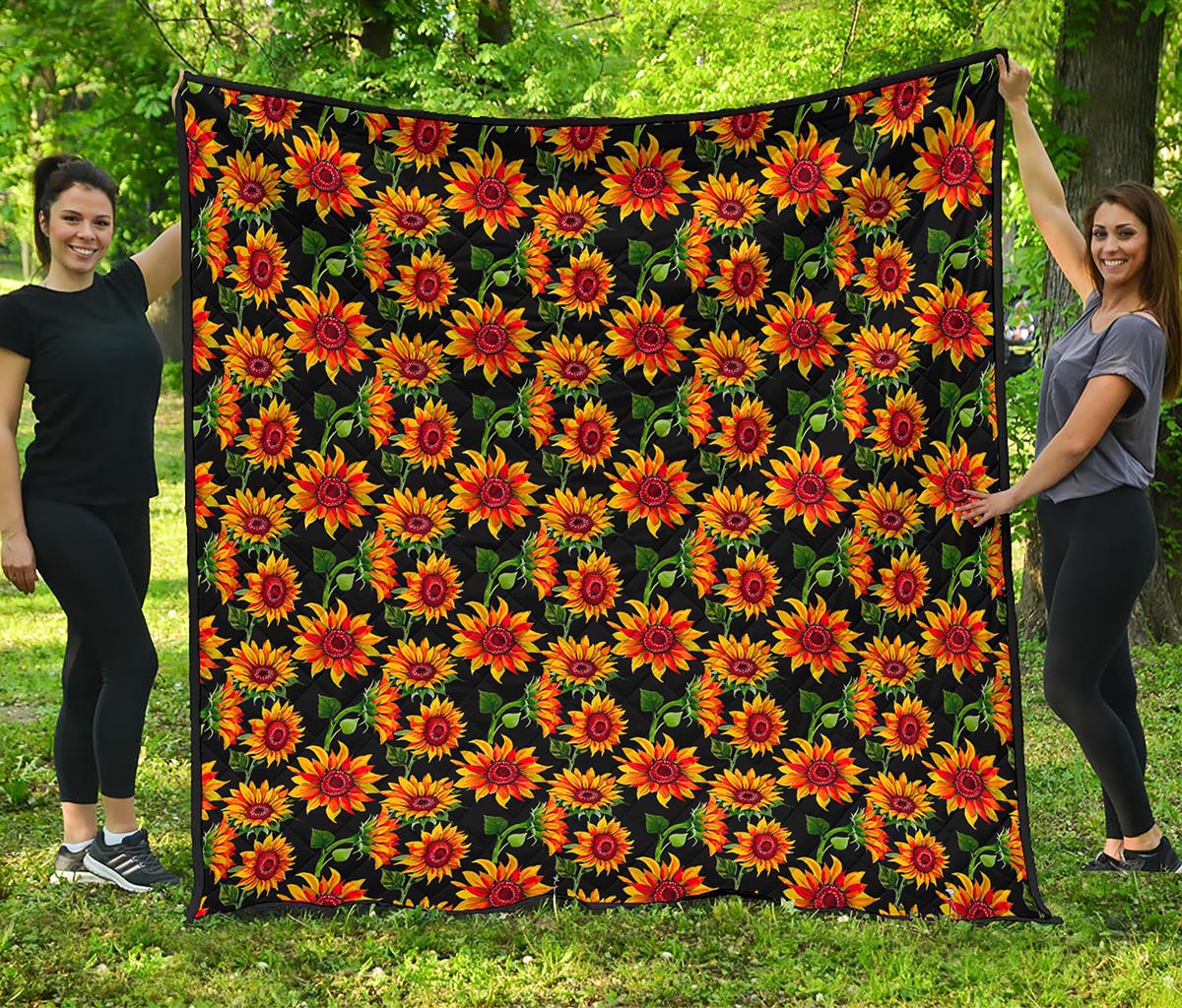 Black Autumn Sunflower Pattern Print Quilt