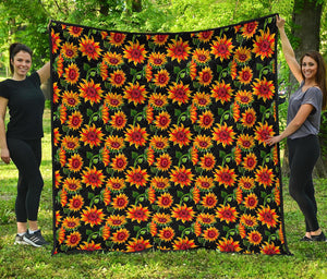 Black Autumn Sunflower Pattern Print Quilt