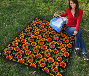 Black Autumn Sunflower Pattern Print Quilt