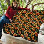 Black Autumn Sunflower Pattern Print Quilt