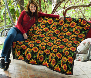 Black Autumn Sunflower Pattern Print Quilt