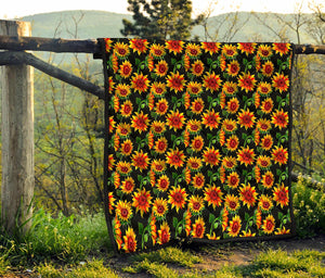 Black Autumn Sunflower Pattern Print Quilt