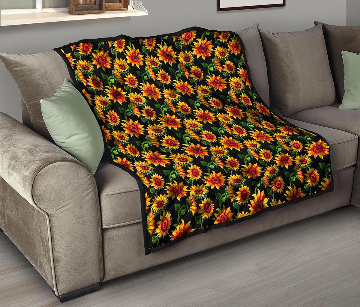 Black Autumn Sunflower Pattern Print Quilt