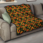 Black Autumn Sunflower Pattern Print Quilt