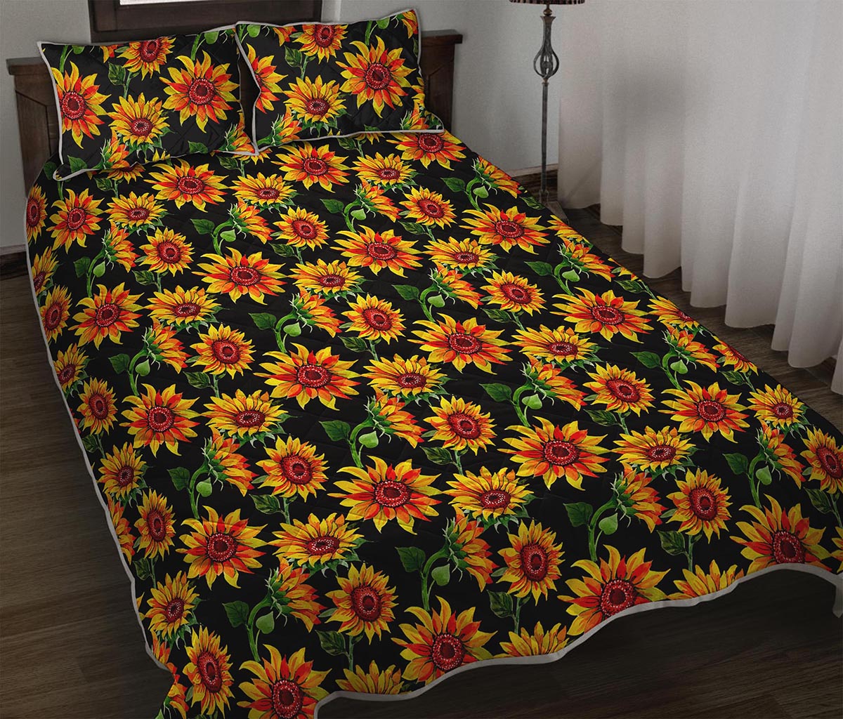 Black Autumn Sunflower Pattern Print Quilt Bed Set