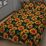 Black Autumn Sunflower Pattern Print Quilt Bed Set