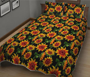 Black Autumn Sunflower Pattern Print Quilt Bed Set