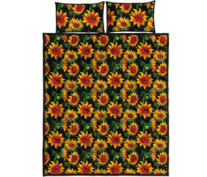 Black Autumn Sunflower Pattern Print Quilt Bed Set