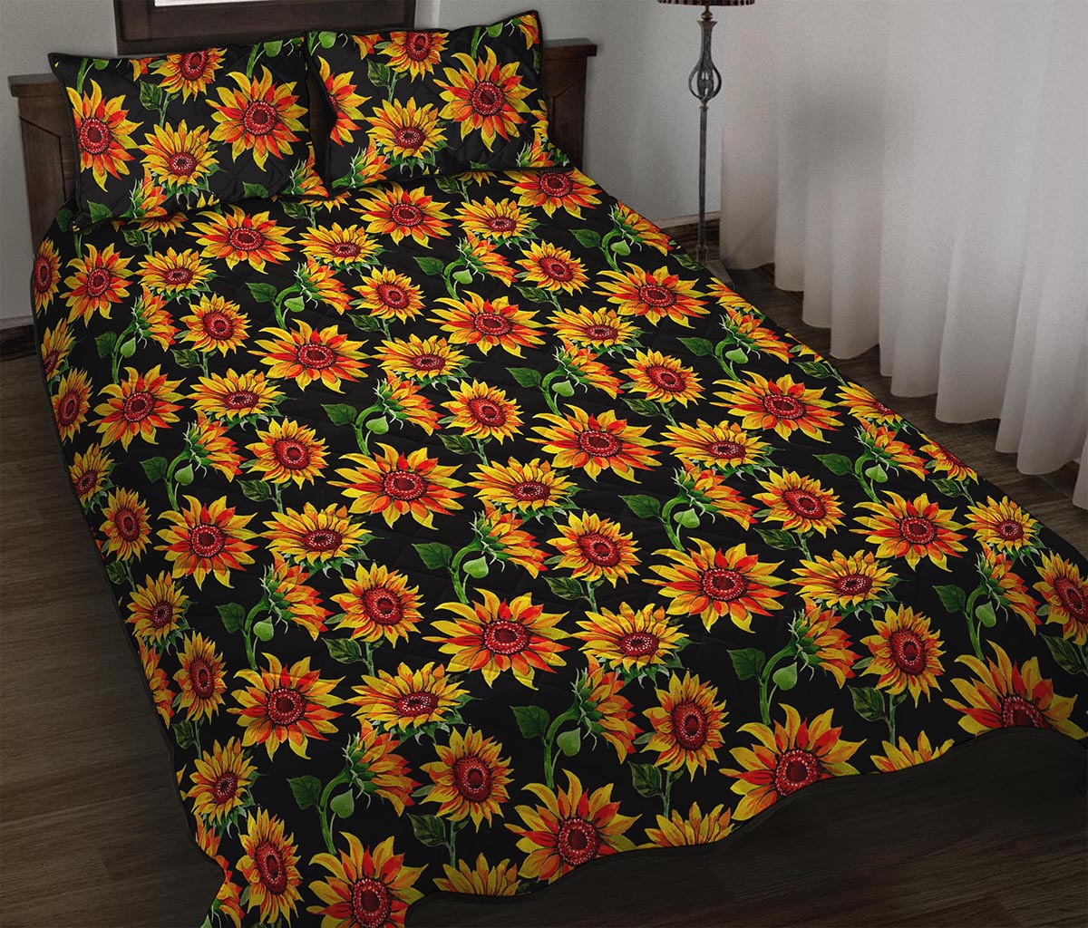 Black Autumn Sunflower Pattern Print Quilt Bed Set