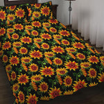Black Autumn Sunflower Pattern Print Quilt Bed Set