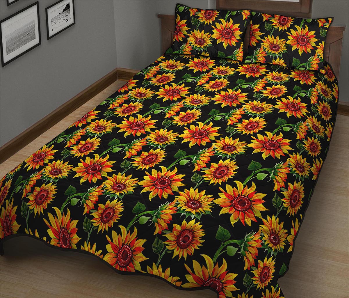 Black Autumn Sunflower Pattern Print Quilt Bed Set