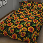 Black Autumn Sunflower Pattern Print Quilt Bed Set