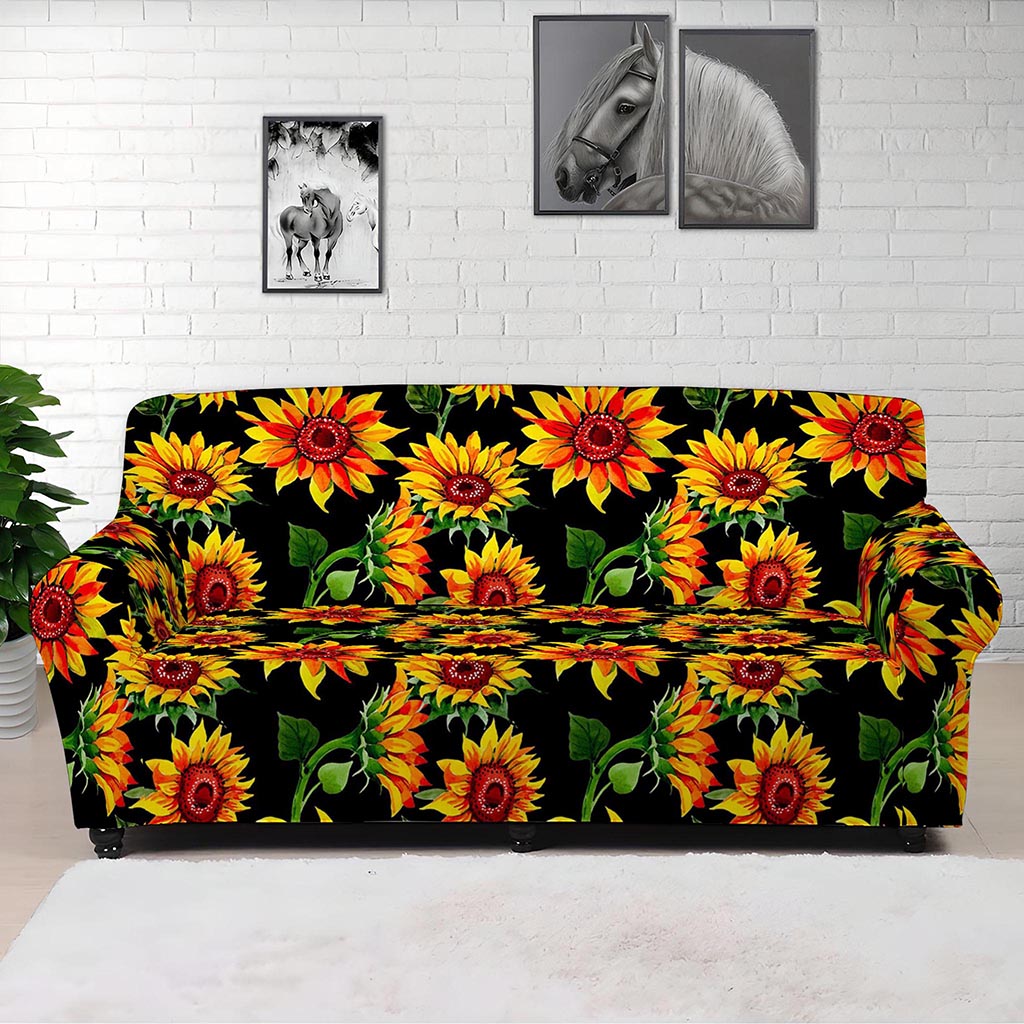 Black Autumn Sunflower Pattern Print Sofa Cover