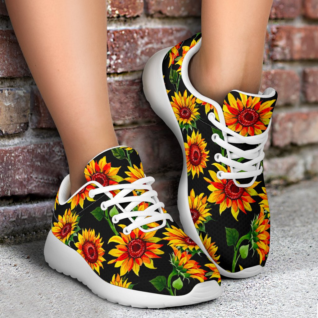 Black Autumn Sunflower Pattern Print Sport Shoes GearFrost