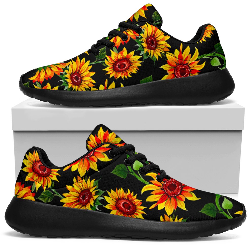 Black Autumn Sunflower Pattern Print Sport Shoes GearFrost