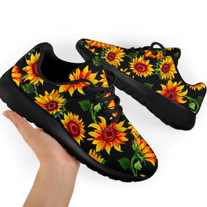 Black Autumn Sunflower Pattern Print Sport Shoes GearFrost