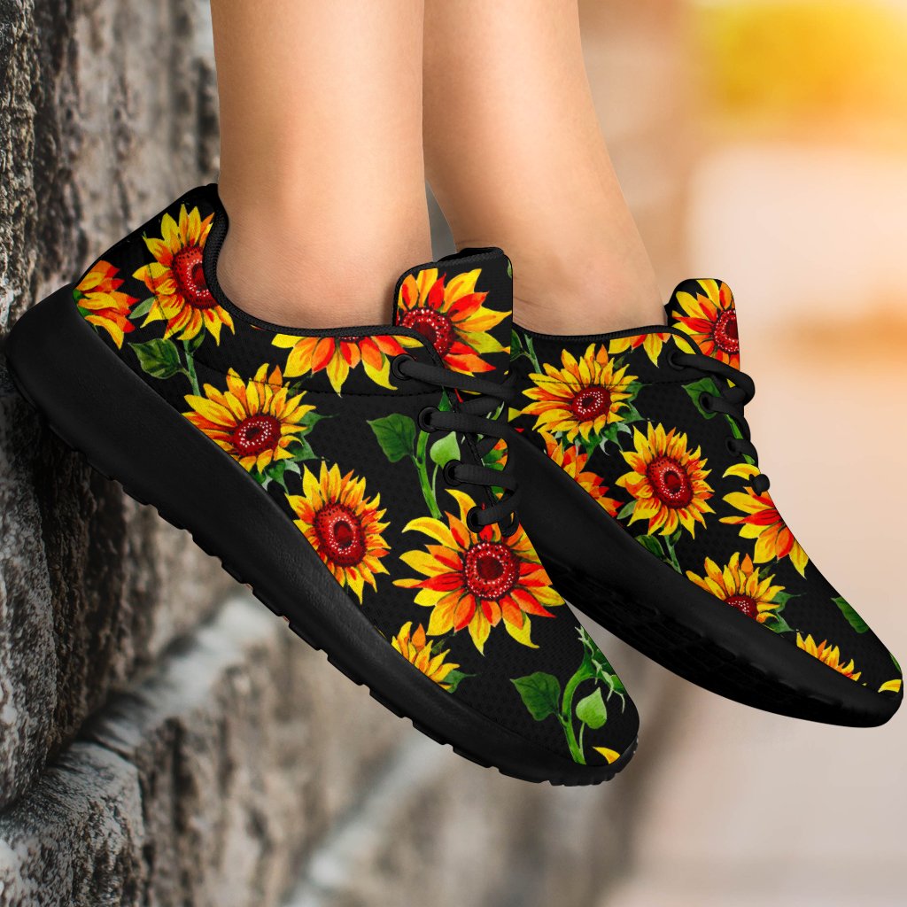 Black Autumn Sunflower Pattern Print Sport Shoes GearFrost