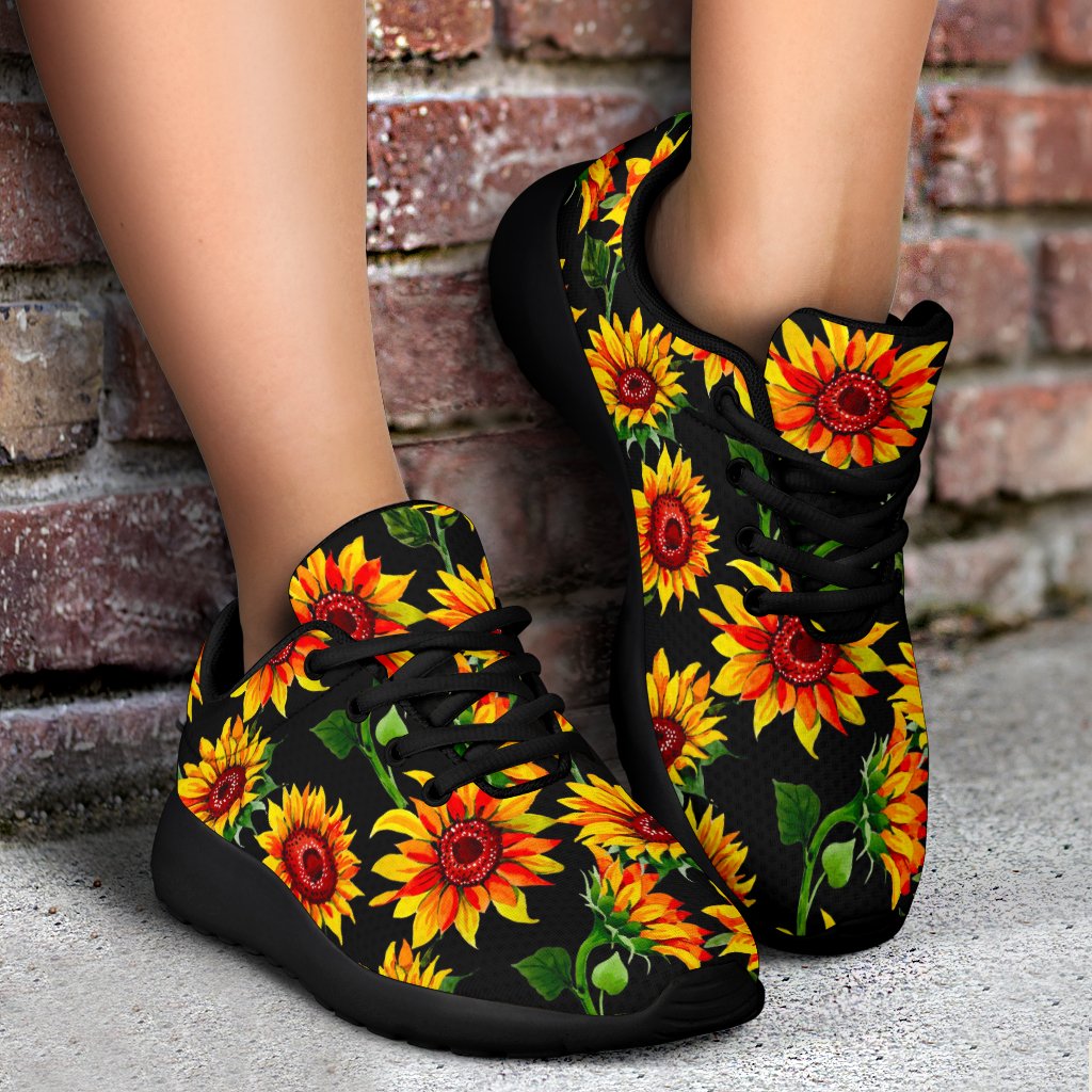 Black Autumn Sunflower Pattern Print Sport Shoes GearFrost