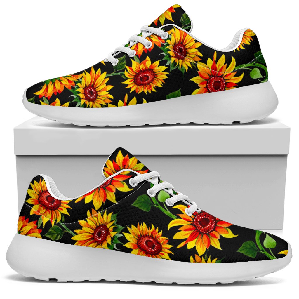 Black Autumn Sunflower Pattern Print Sport Shoes GearFrost