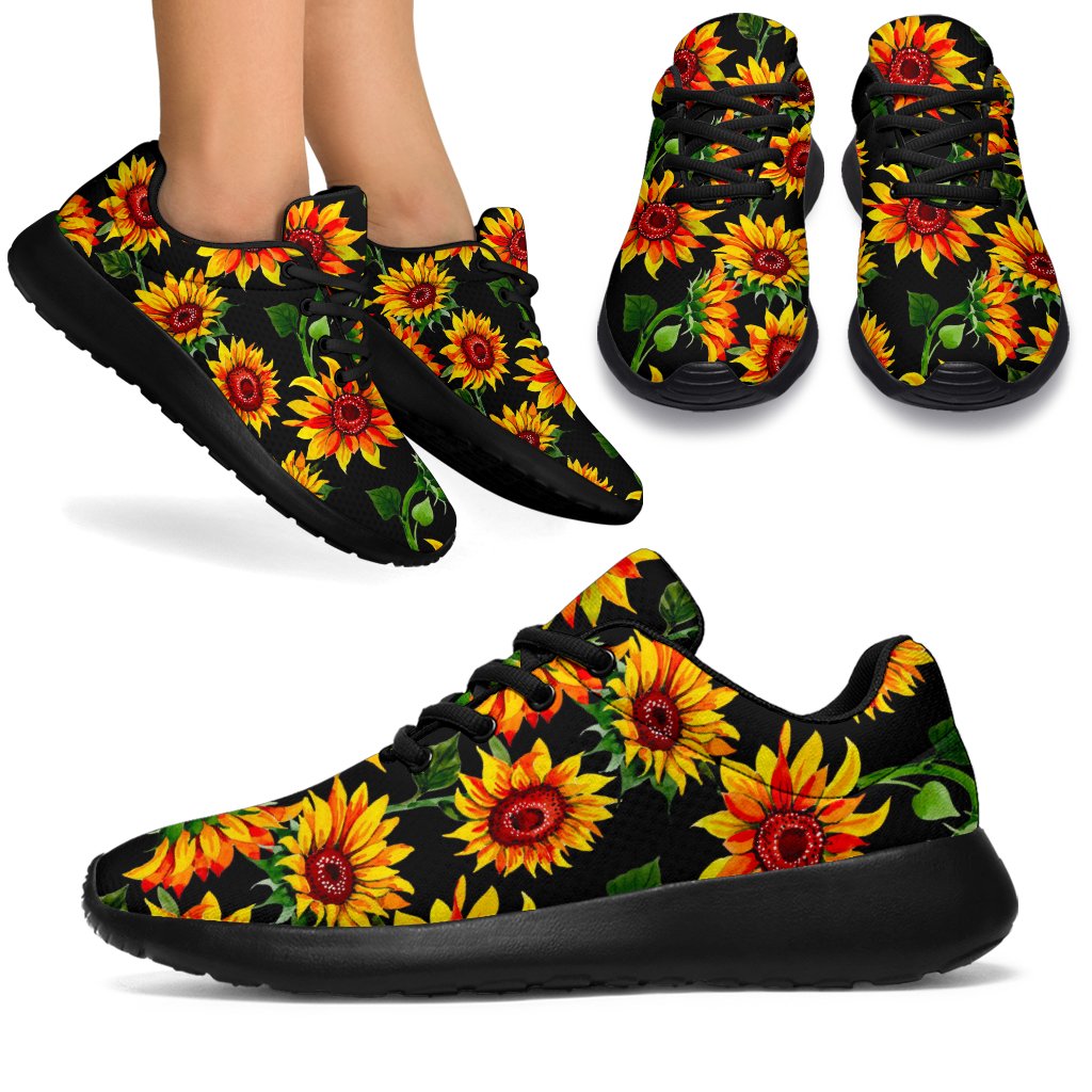 Black Autumn Sunflower Pattern Print Sport Shoes GearFrost