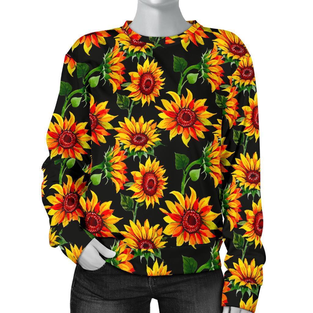 Black Autumn Sunflower Pattern Print Women's Crewneck Sweatshirt GearFrost