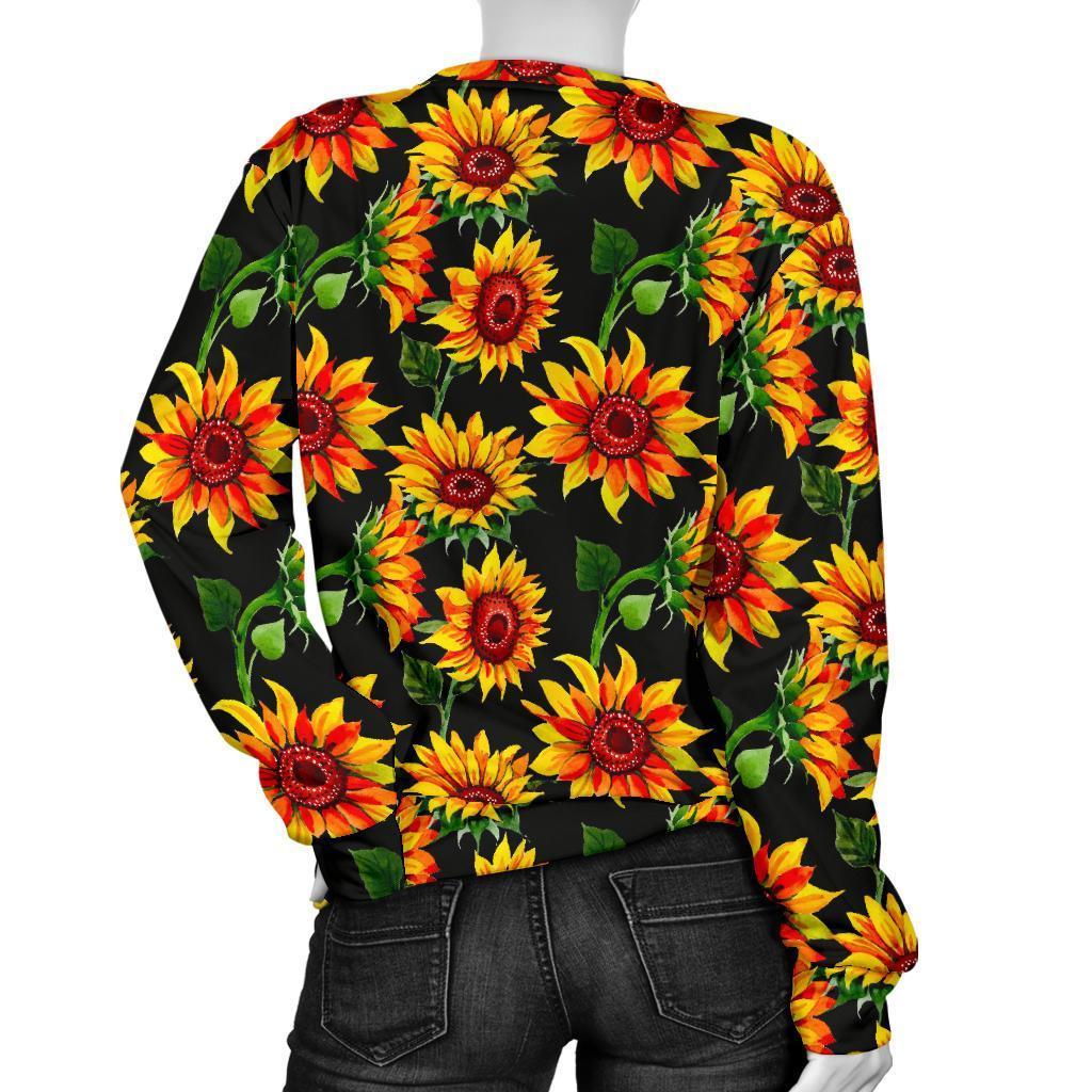 Black Autumn Sunflower Pattern Print Women's Crewneck Sweatshirt GearFrost
