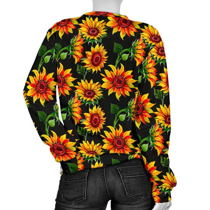 Black Autumn Sunflower Pattern Print Women's Crewneck Sweatshirt GearFrost