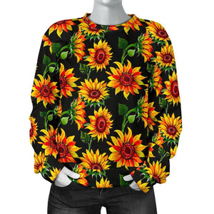 Black Autumn Sunflower Pattern Print Women's Crewneck Sweatshirt GearFrost
