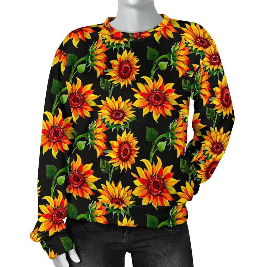 Black Autumn Sunflower Pattern Print Women's Crewneck Sweatshirt GearFrost