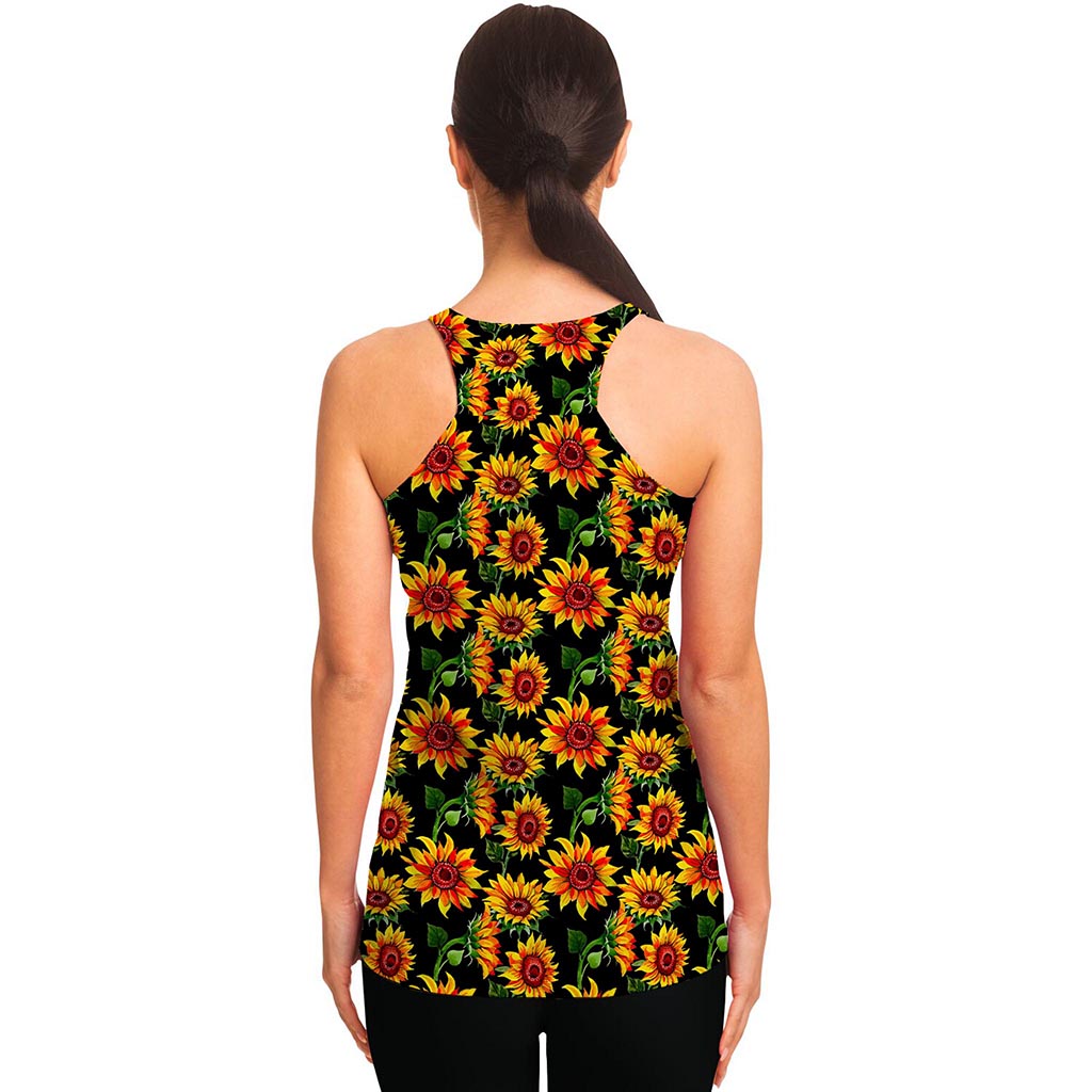 Black Autumn Sunflower Pattern Print Women's Racerback Tank Top