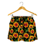 Black Autumn Sunflower Pattern Print Women's Shorts