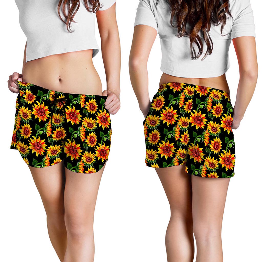 Black Autumn Sunflower Pattern Print Women's Shorts