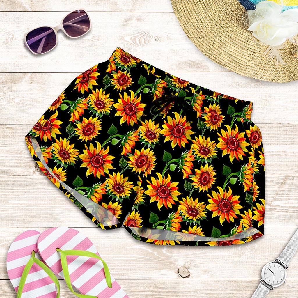 Black Autumn Sunflower Pattern Print Women's Shorts