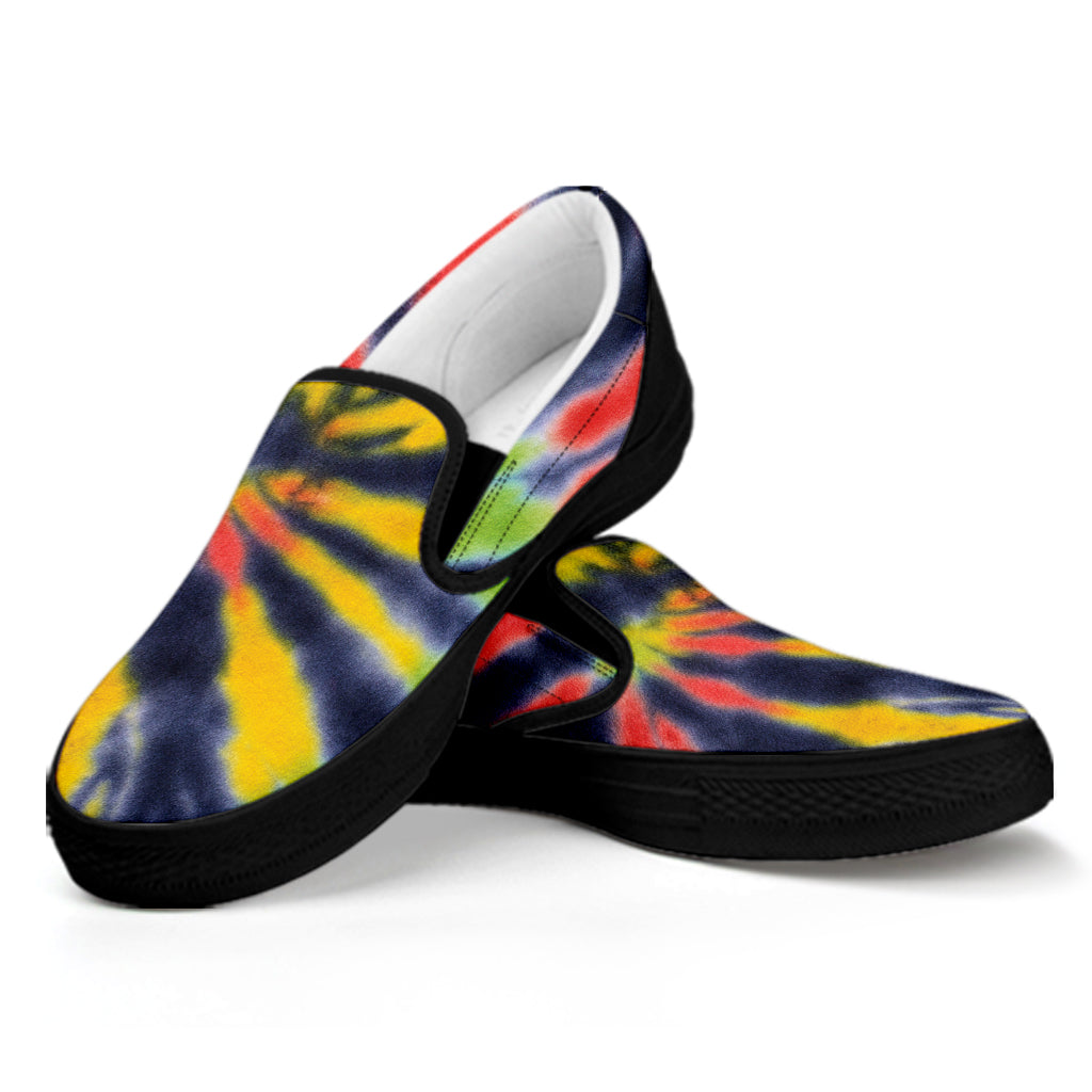 Black Backed Spiral Tie Dye Print Black Slip On Shoes