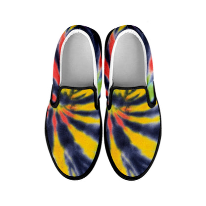 Black Backed Spiral Tie Dye Print Black Slip On Shoes