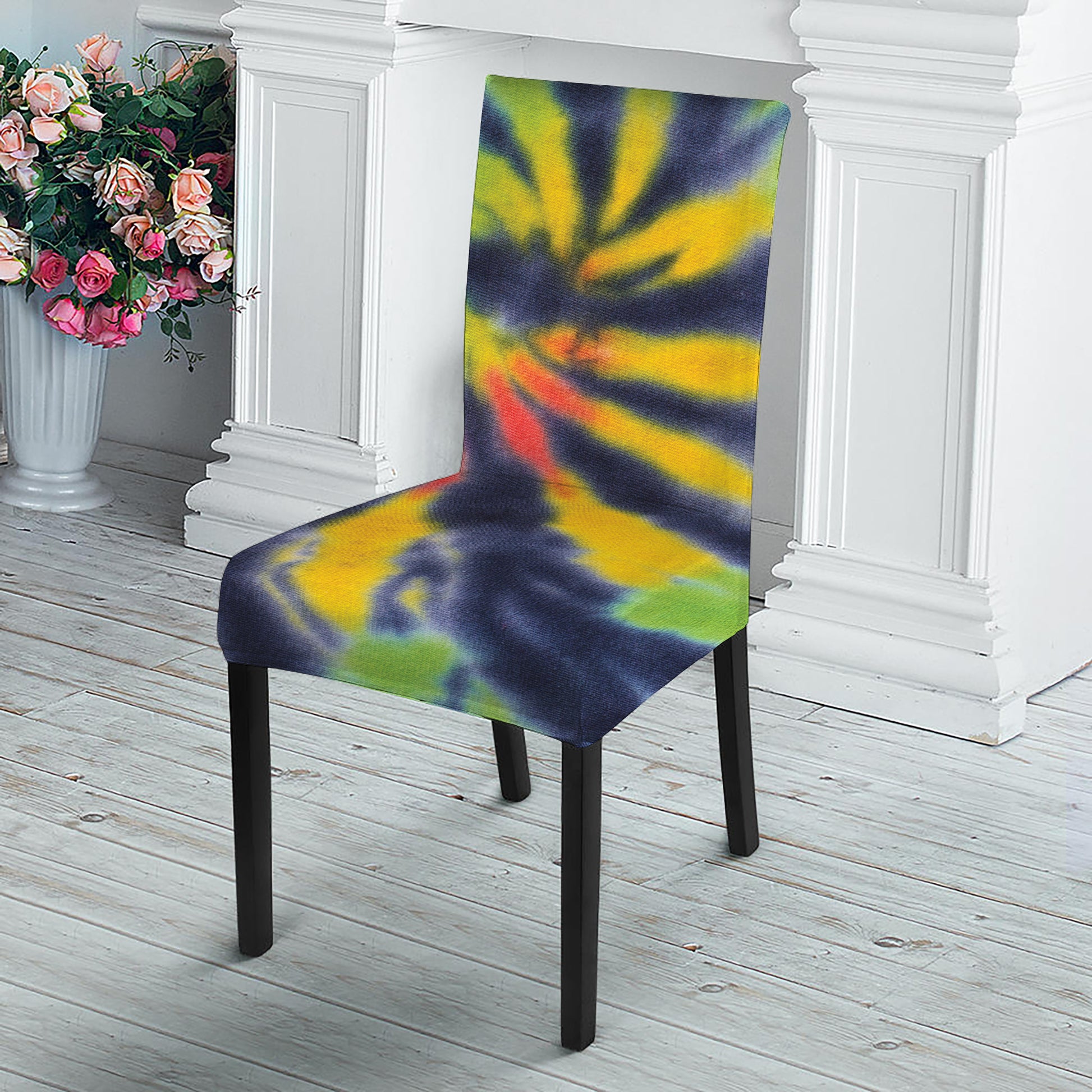 Black Backed Spiral Tie Dye Print Dining Chair Slipcover