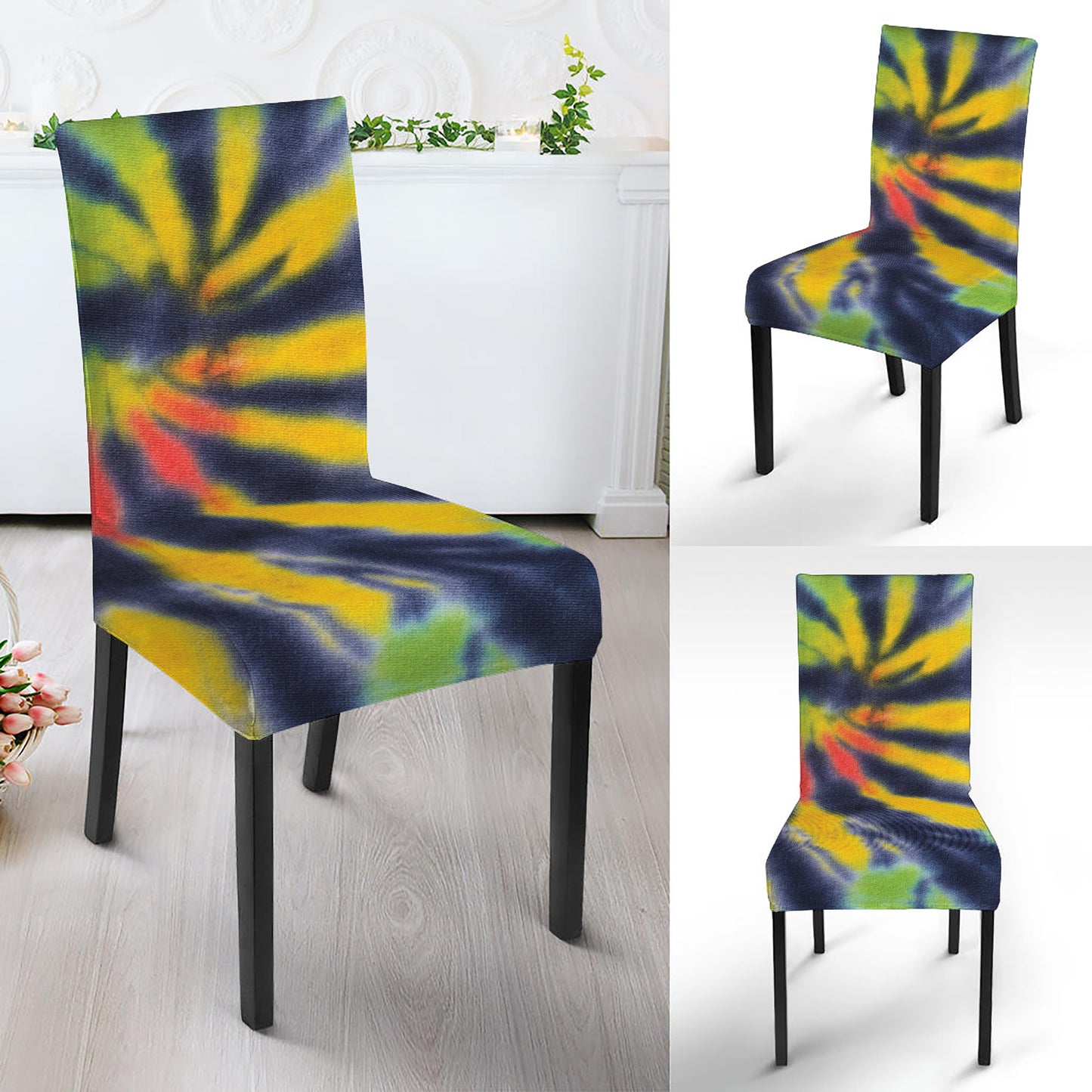 Black Backed Spiral Tie Dye Print Dining Chair Slipcover