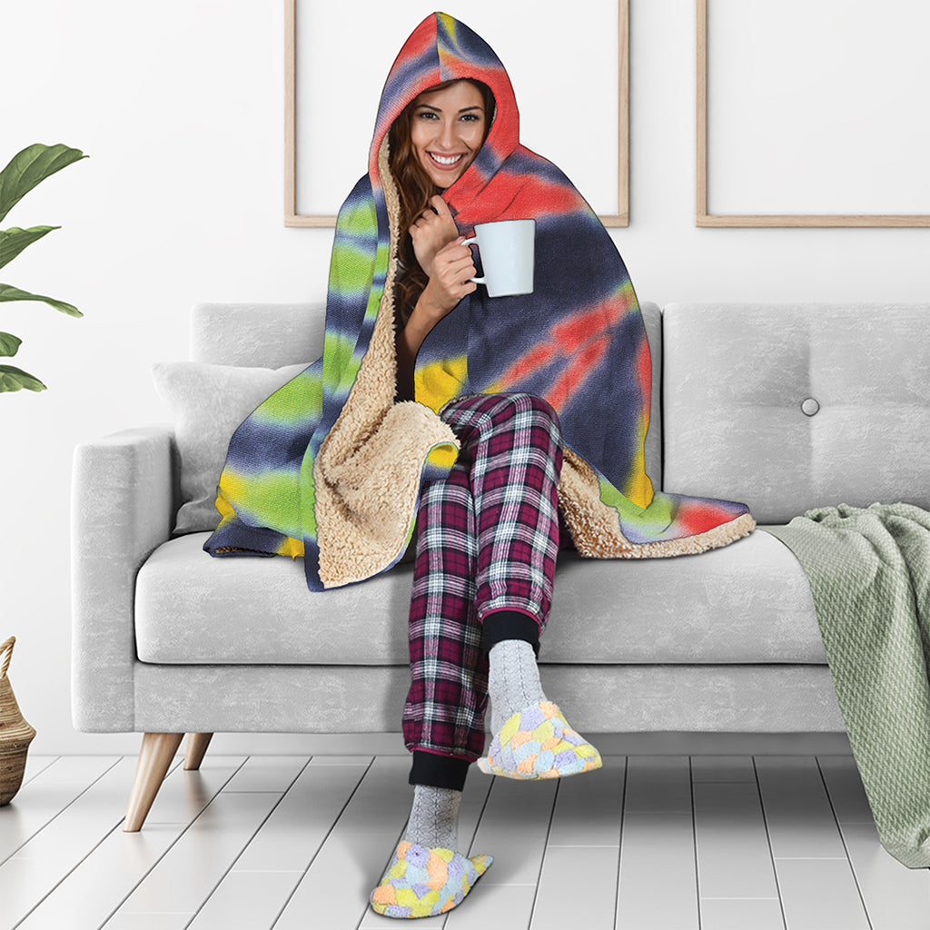 Black Backed Spiral Tie Dye Print Hooded Blanket